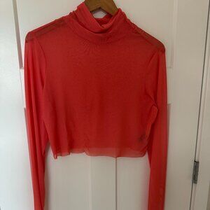 Micaela Mesh Turtleneck Crop Top - Hot Coral